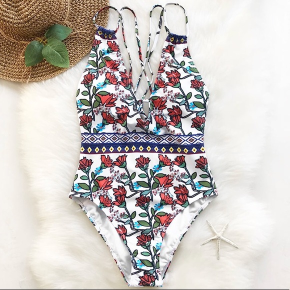 Floral Boho Geometric One Piece Deep V Swimsuit - Picture 4 of 6